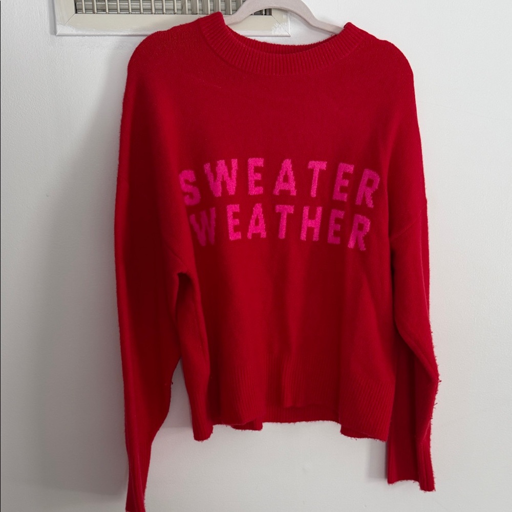 a new day Red Crewneck Sweater with Pink 'SWEATER WEATHER' Text